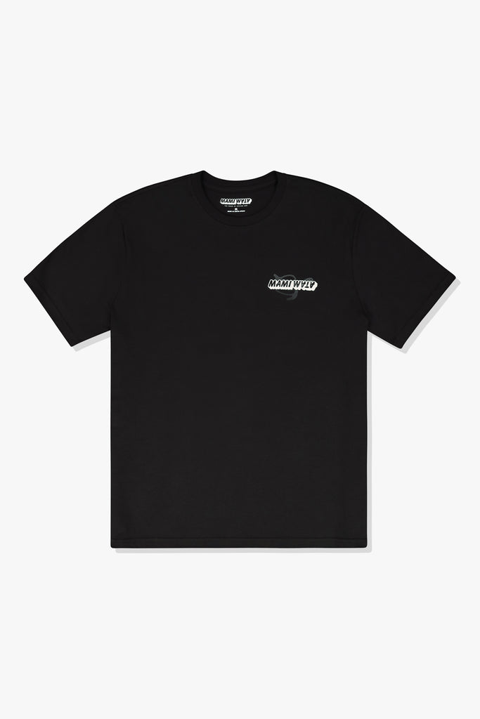 Front view of Mami Wata Tour Tee with banana logo and word marque – black cotton t-shirt