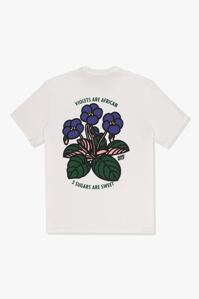 Back of Mami Wata 3 Sugars Sweet Tee with African violet graphic and slogan