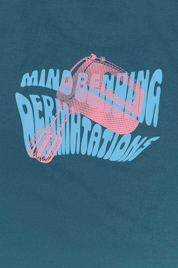  “Mind Bending Permutations” layered over a hand blender graphic. 100% cotton.
