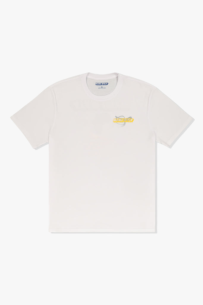 Front view of Mami Wata Tour Tee with banana logo and word marque – white cotton t-shirt