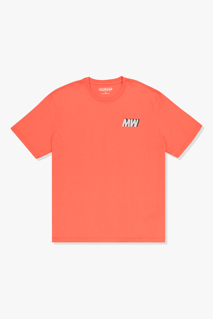 Front of Mami Wata 3 Mami Surf Tee in coral with small MW logo – cotton t-shirt