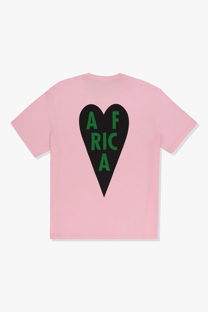 Back of Mami Wata Love Africa Tee in pink with Africa heart graphic in black and “Love Africa” text in green