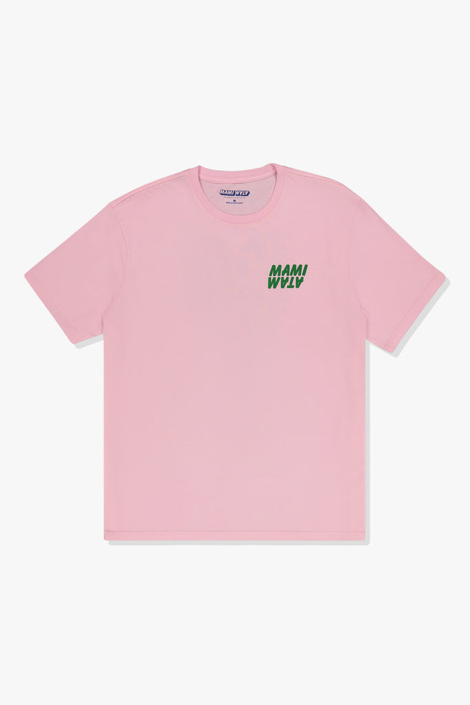 Front of Mami Wata Love Africa Tee in pink with black banana logo graphic – cotton t-shirt