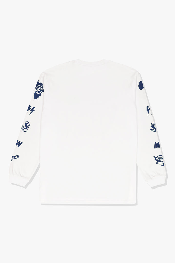 Back of Mami Wata Icon Long Sleeve Tee in white with word marque logo – cotton long sleeve t-shirt