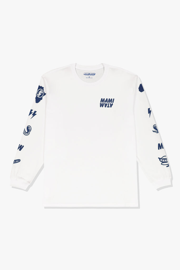 Front of Mami Wata Icon Long Sleeve Tee in white with word marque logo – cotton long sleeve t-shirt