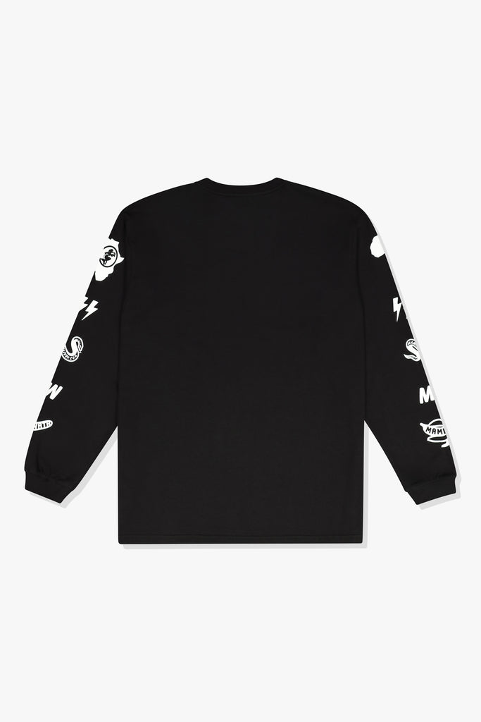 Back of Mami Wata Icon Long Sleeve Tee in black with word marque logo – cotton long sleeve t-shirt