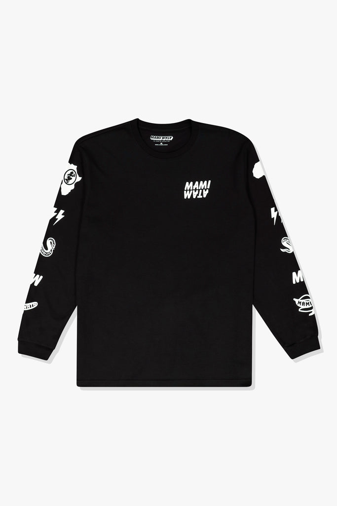 Front of Mami Wata Icon Long Sleeve Tee in black with word marque logo – cotton long sleeve t-shirt