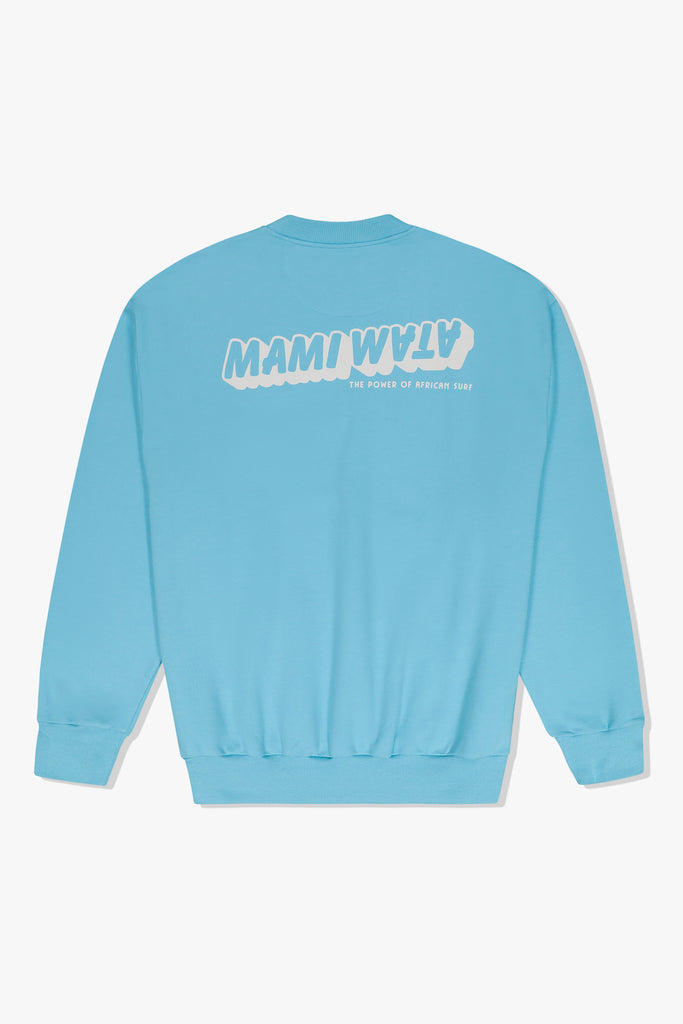 Back of Mami Wata 39/54 Summer Sweat in light blue with Mami Wata word marque and “The Power of African Surf” text
Close-up of 39/54 lightning bolt detail on the front of the crewneck.