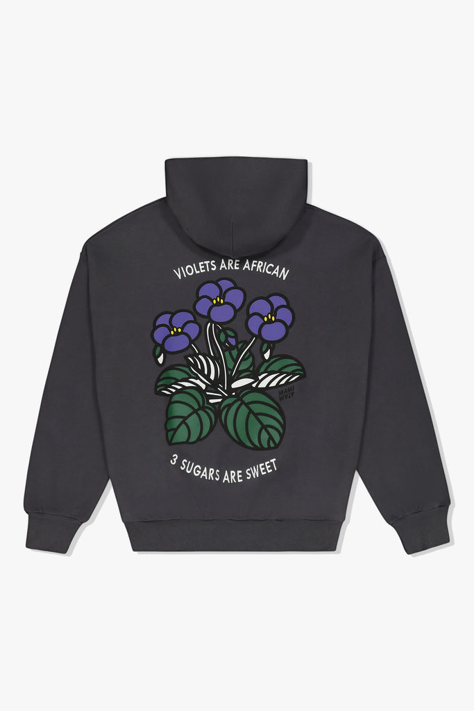 Back view: Charcoal Mami Wata hoody with violet Africa heart graphic and “Violets are African. 3 sugars are sweet.” slogan.