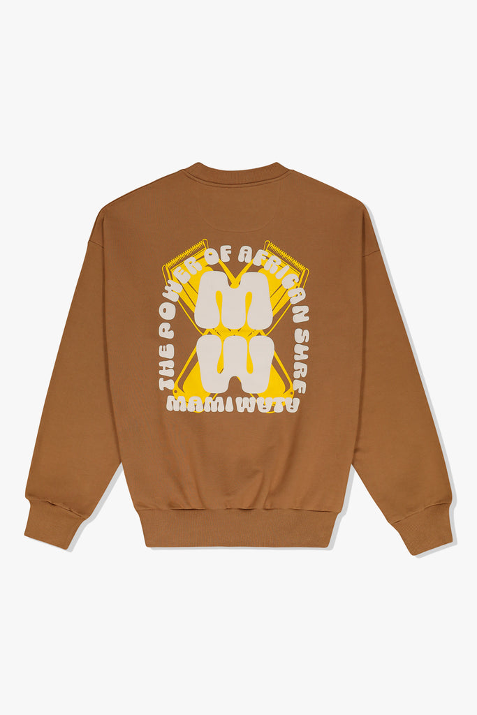 Back of Mami Wata Barbour Sweat in coffee featuring bold “Power of African Surf” graphic with clippers and MW logo